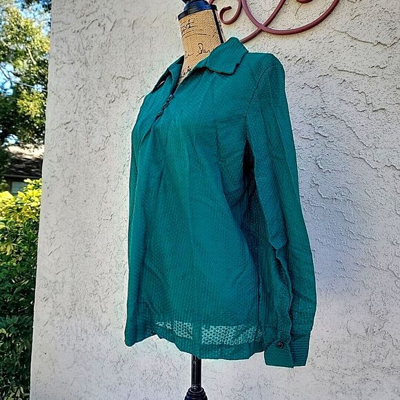 NOS Vintage 70s Green Polyester Long Sleeve Shirt Blouse, Waffle Weave, L - Picture 3 of 6